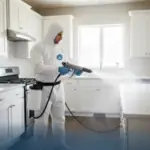 Professional disinfection service technician wearing protective gear sanitizing a modern kitchen using a spray system, ensuring a clean and safe residential environment.