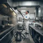 Commercial kitchen duct and hood cleaning service performed by a technician in protective equipment using industrial vacuum tools inside a stainless steel kitchen.