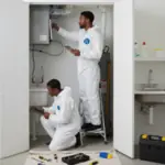 HVAC maintenance technicians in protective coveralls servicing an indoor air conditioning system, performing routine cleaning and technical inspection.