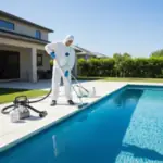 Residential swimming pool cleaning service technician vacuuming the pool while wearing protective gear, maintaining water hygiene in a modern home setting.