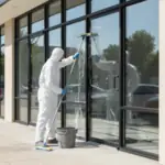Commercial storefront glass cleaning service with a technician washing large shop windows using professional equipment in an outdoor urban environment.