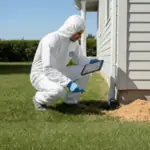 Pest control technician in protective suit inspecting a house exterior for termite infestation using a tablet, identifying wood damage near the foundation.